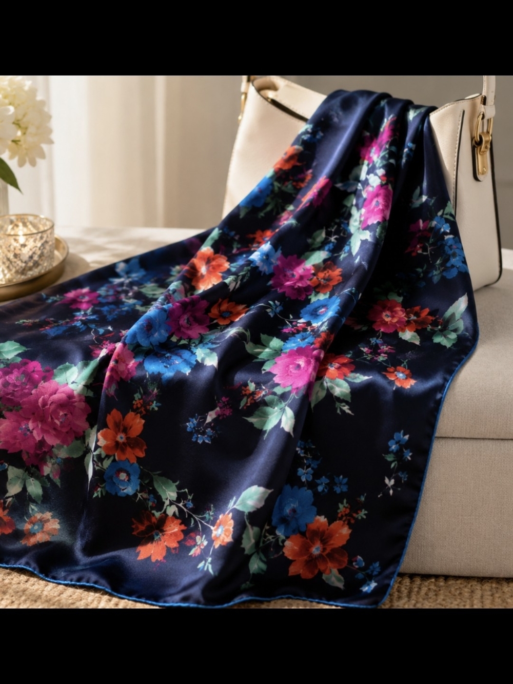 MISIRLI Floral Navy 100% Silk SCARF Women's HANDROLLED 34x34 - Picture 4 of 16